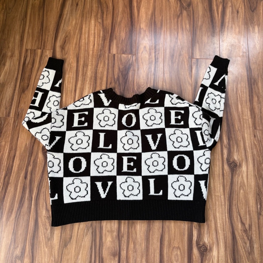 Just Polly NY Checkerboard Cardigan LOVE‎ Floral Graphic Knit M - Picture 7 of 7
